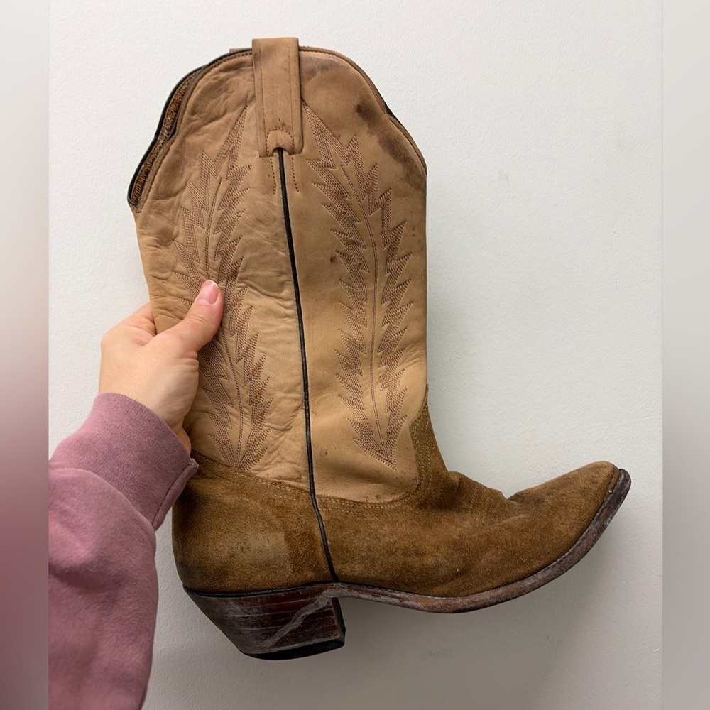 Tan Western Cowboy‎ Boots Boulet 6401 suede leather embroidered